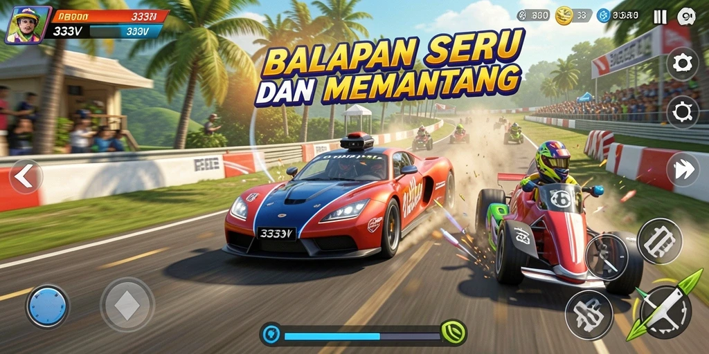 Screenshot utama dari gameplay Racing 333V yang menampilkan aksi balapan mendebarkan.