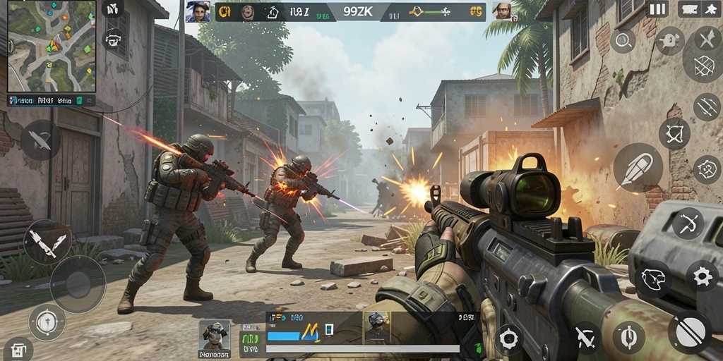 Tangkapan layar 99ZK menunjukkan aksi seru dalam pertempuran FPS.