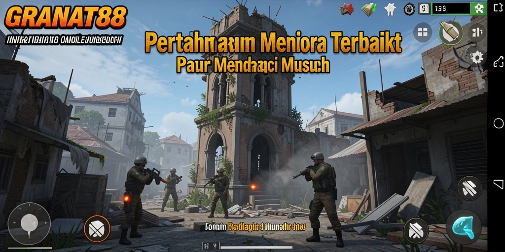 Tangkapan layar gameplay <strong>GRANAT88</strong> menunjukkan aksi pertahanan menara yang intens.