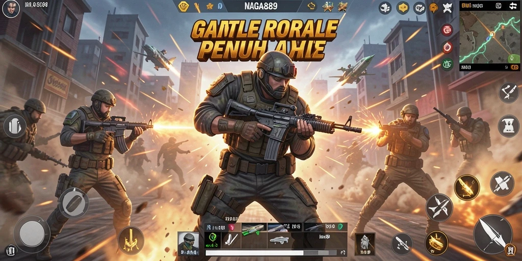 Screenshot gameplay NAGA889 menampilkan aksi Battle Royale yang mendebarkan.