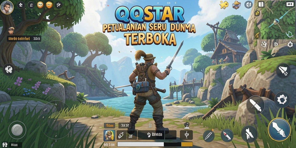 Screenshot gameplay QQSTAR menampilkan eksplorasi dunia terbuka yang luas.